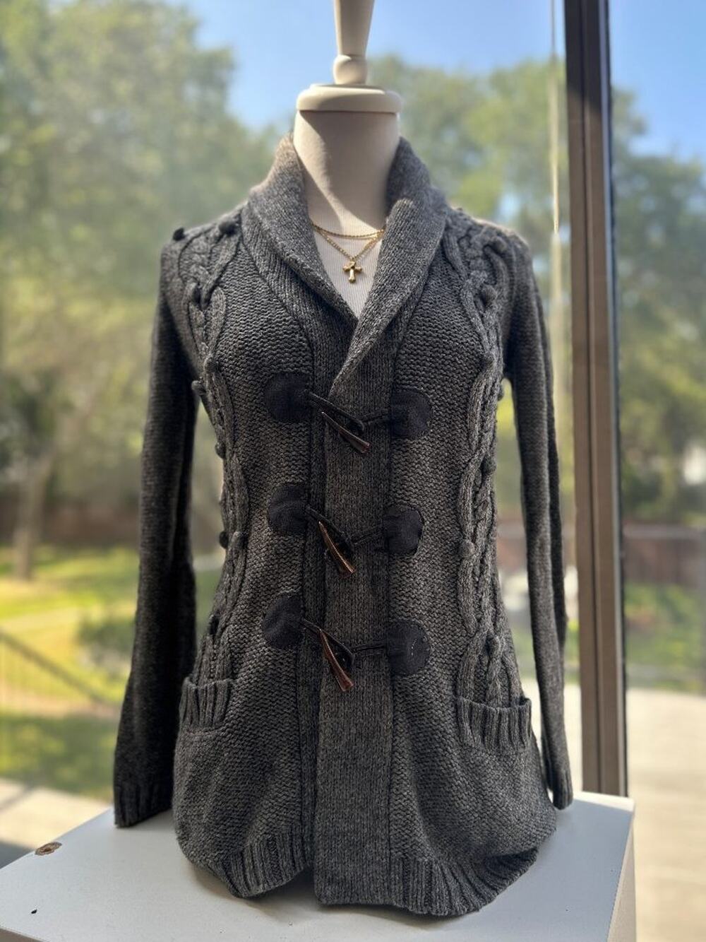 Merona XS Gray Cable Knit Toggle Cardigan Sweater Shawl Collar Wool Blend